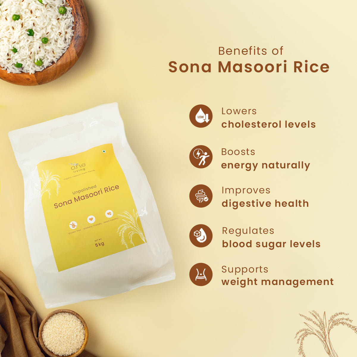 Sona Masoori Rice | 5 Kg | 12 months old | Improves Heart Health | Pack of 2