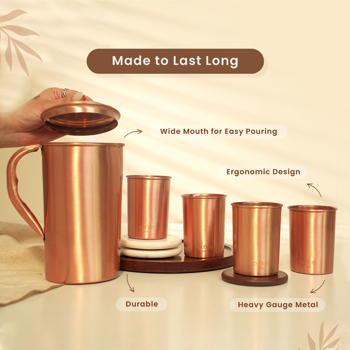 Pure Copper Jug & Set of 4 Glasses | Plain