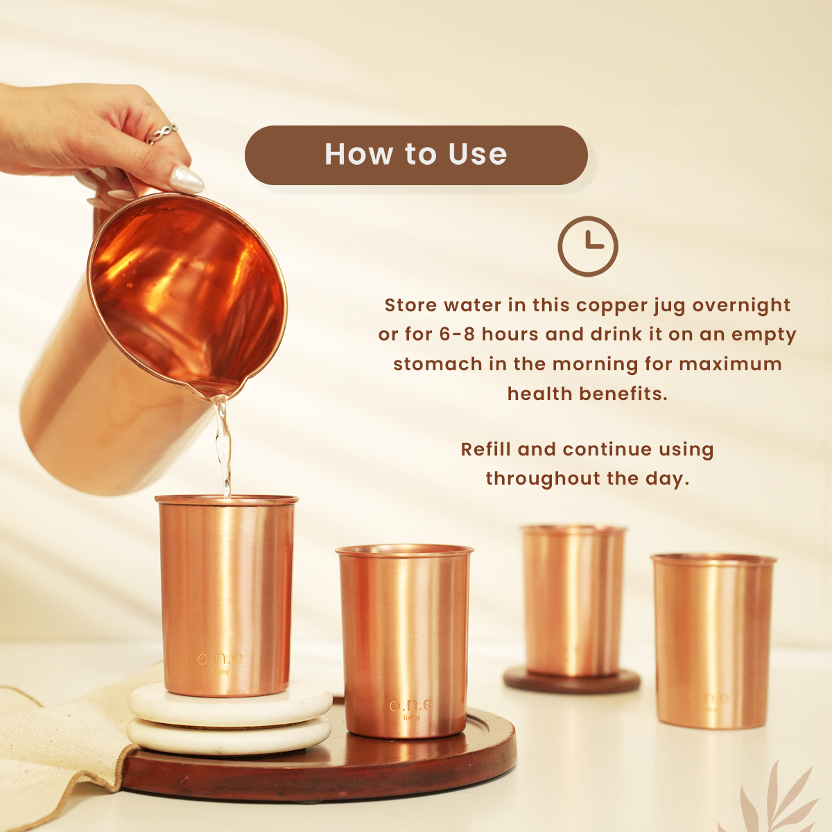Pure Copper Jug & Set of 4 Glasses | Plain