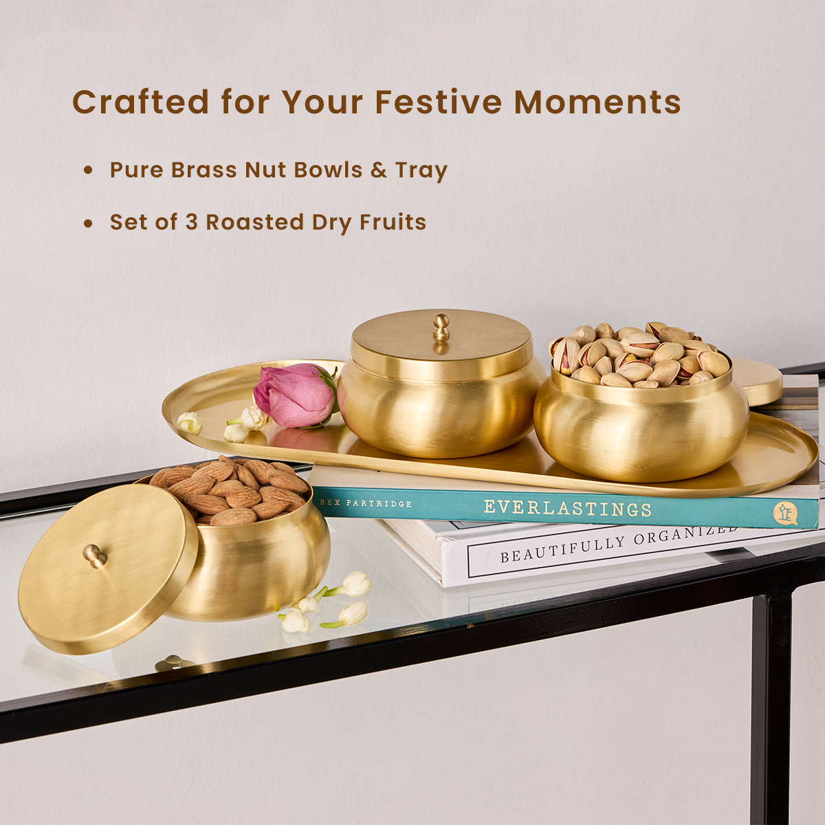 Brass Nut Bowls & Tray with Roasted Dry Fruits Pack Of 3 | Combo | Wedding Gift Set