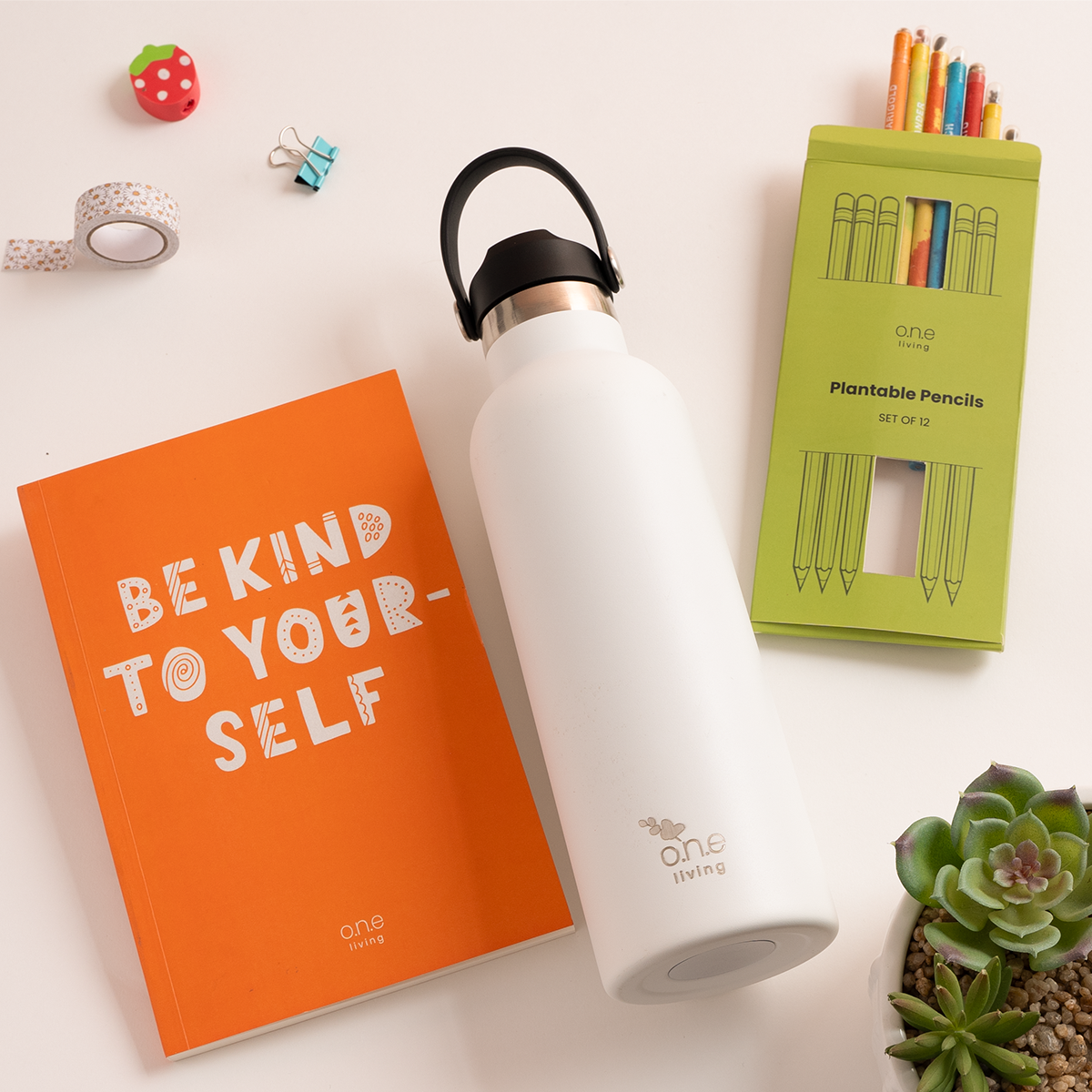 Orange Softbound Diary with Plantable Pencils & White Sports Bottle