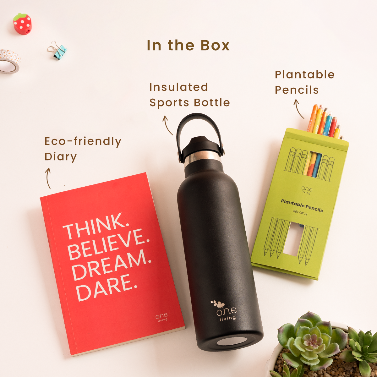 Red Softbound Diary with Plantable Pencils & Black Sports Bottle