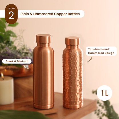 Copper Water Bottle | Plain & Hammered | 1 L | Set of 2