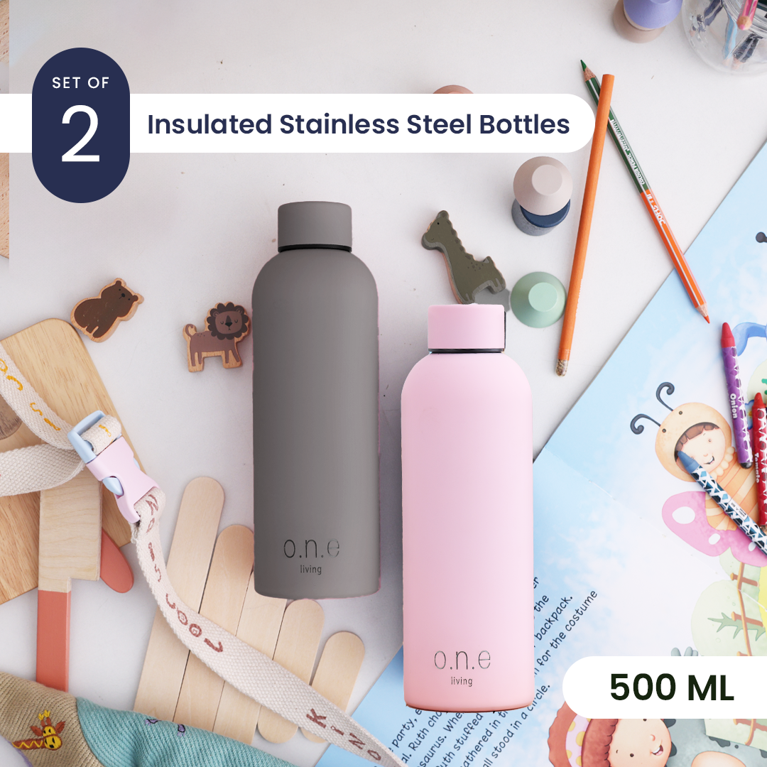 Insulated Steel Bottles for Yoga | Set of 2 | 500 ml | Grey & Light Pink