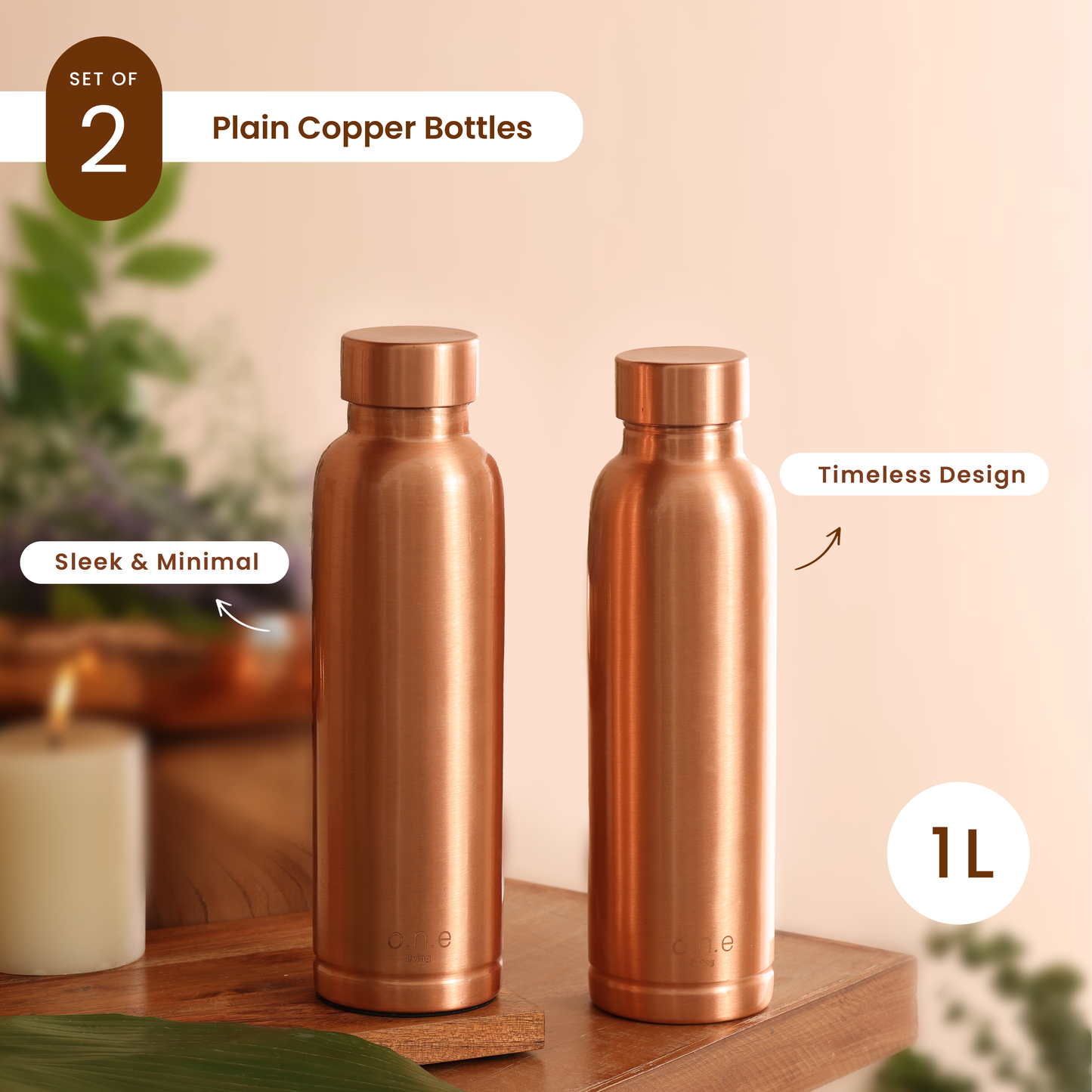 Copper Water Bottles | Set of 2 | 1 L | Plain