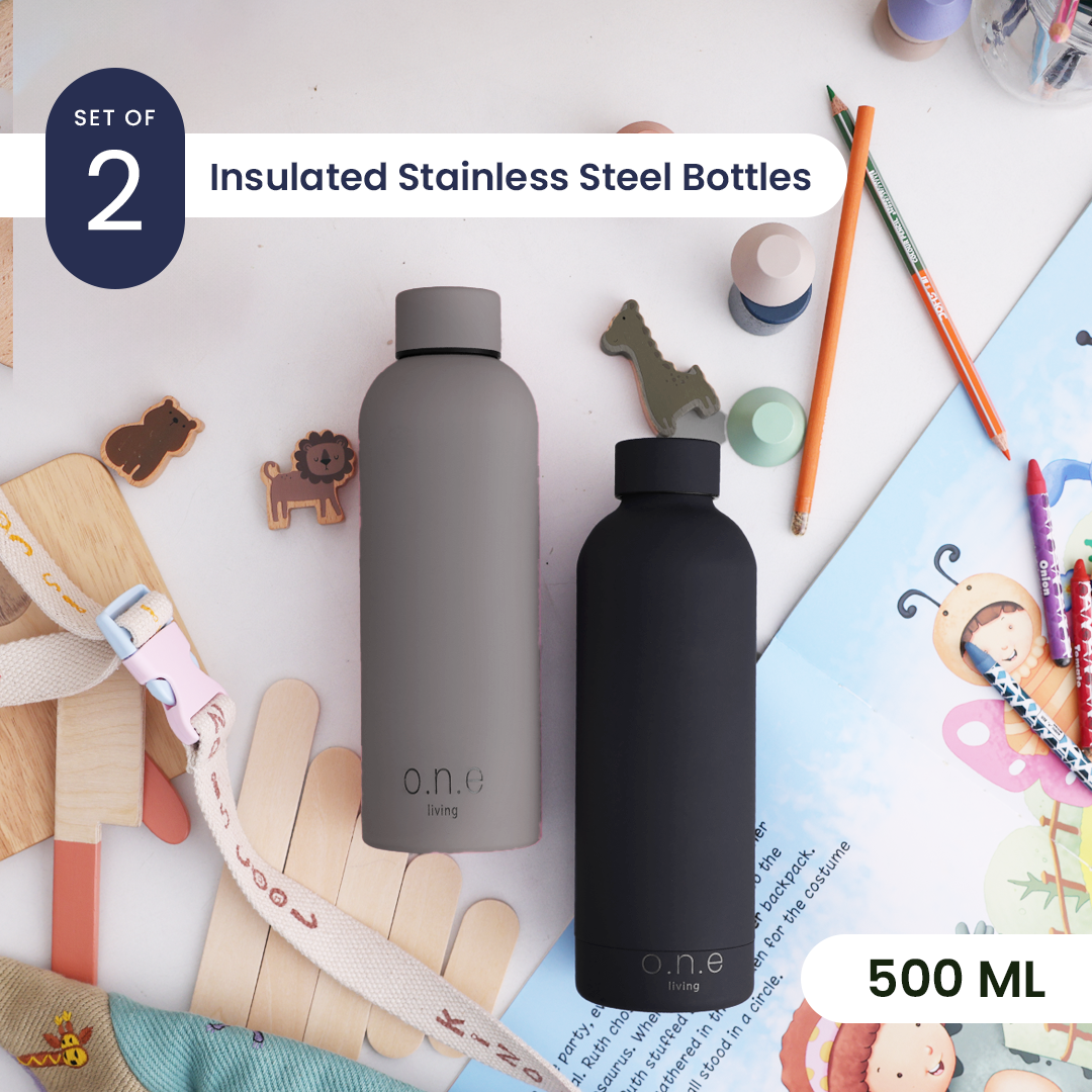 Steel Water Bottle | Black & Grey | 500 ml | Set of 2