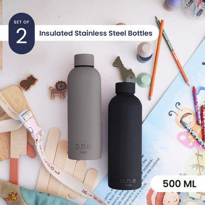 Steel Water Bottle | Black & Grey | 500 ml | Set of 2