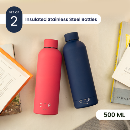 Insulated Stainless Steel Bottles | Set of 2 | 500 ml | Blue & Dark Pink | BPA Free