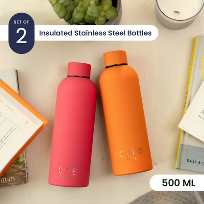 Steel Water Bottle | Orange & Dark Pink | 500 ml | Set of 2