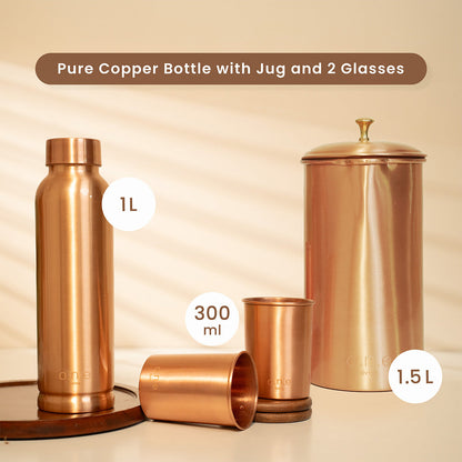 Pure Copper Bottle with Jug and 2 Glasses | Plain