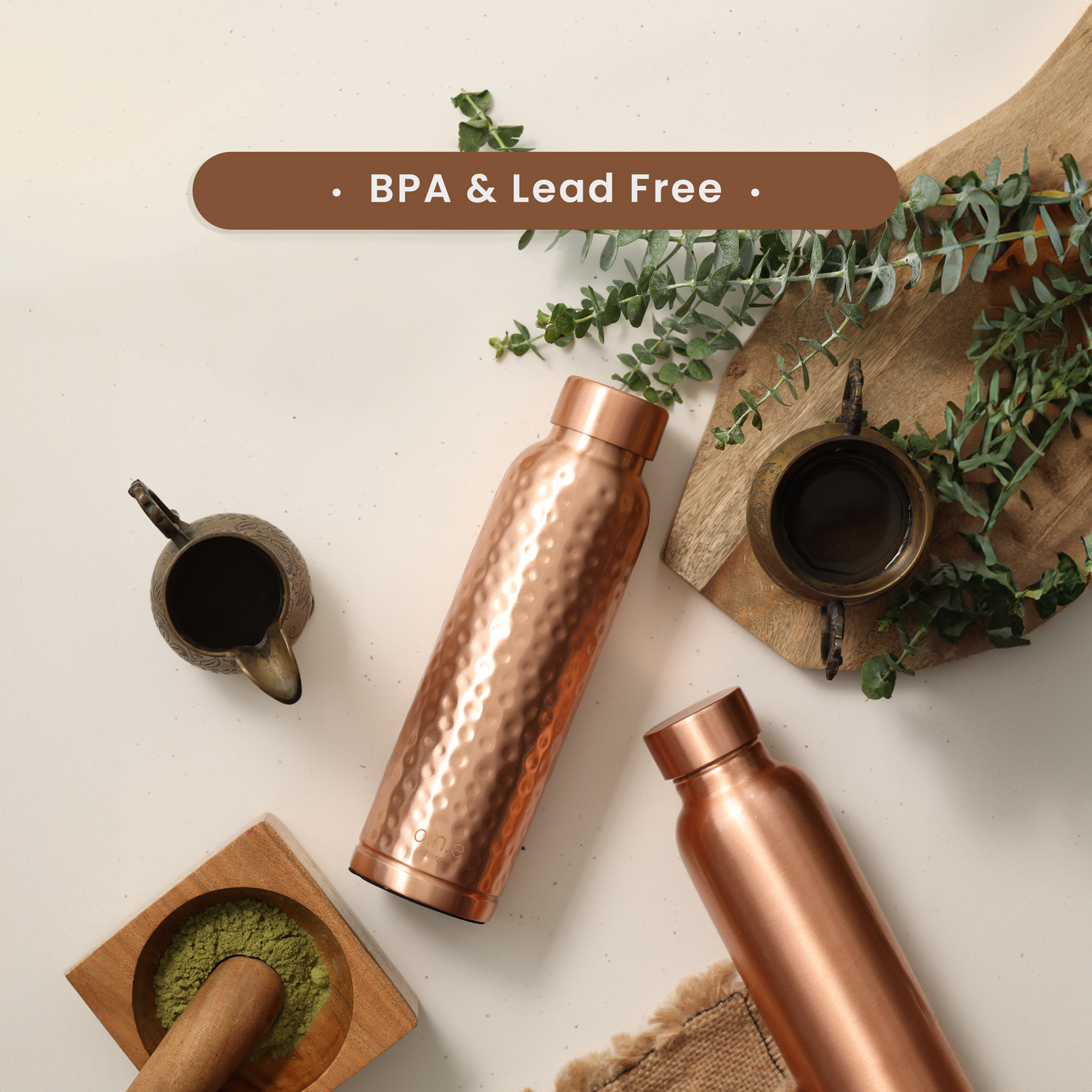 Copper Water Bottle | Plain & Hammered | 1 L | Set of 2