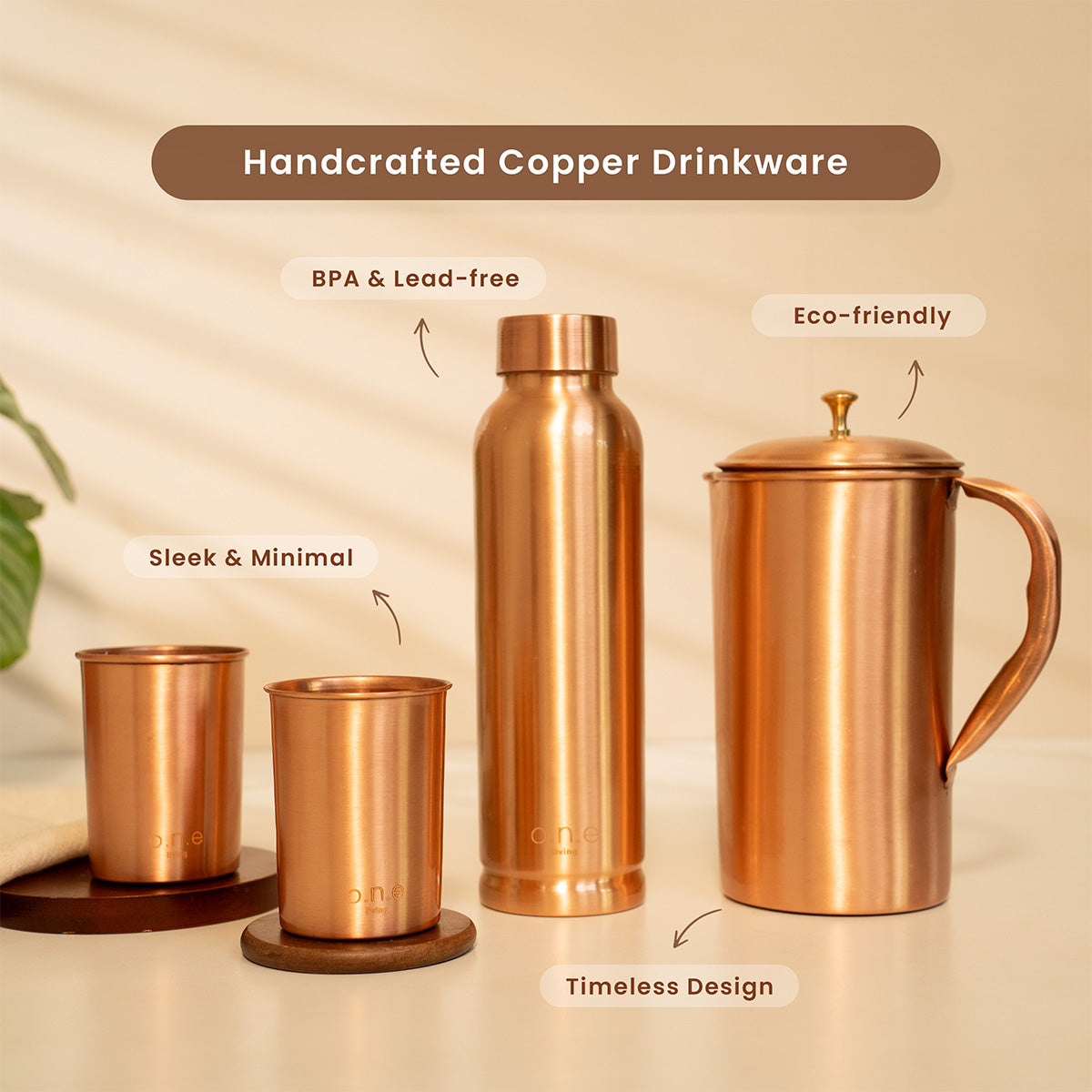 Pure Copper Bottle with Jug and 2 Glasses | Plain