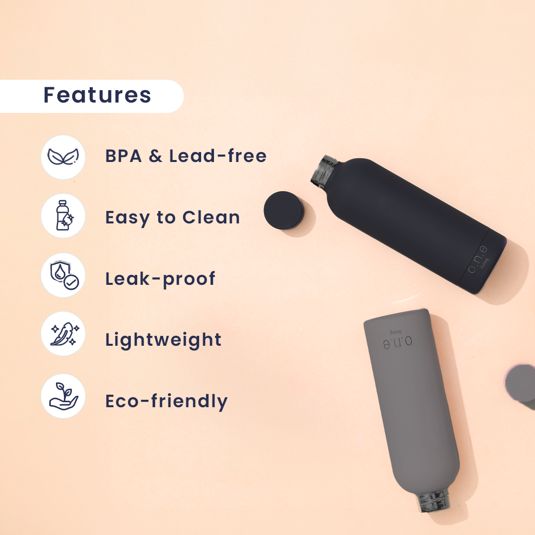 Steel Water Bottle | Black & Grey | 500 ml | Set of 2