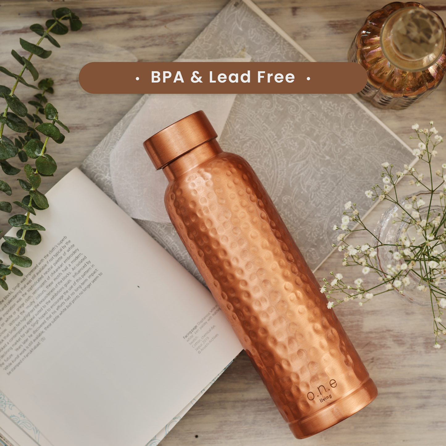 Copper Water Bottles | Set of 2 | 1 L | Hammered