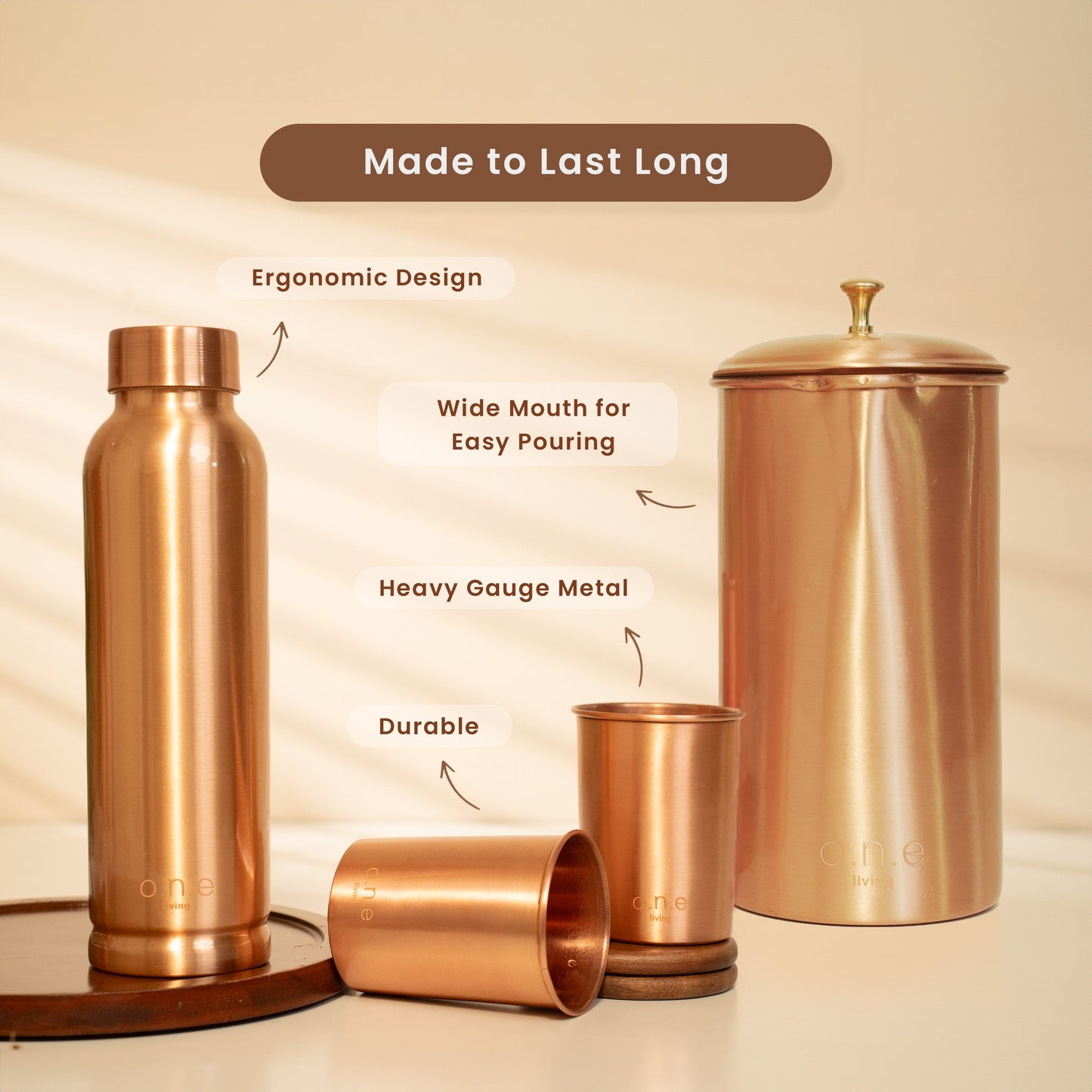 Pure Copper Bottle with Jug and 2 Glasses | Plain