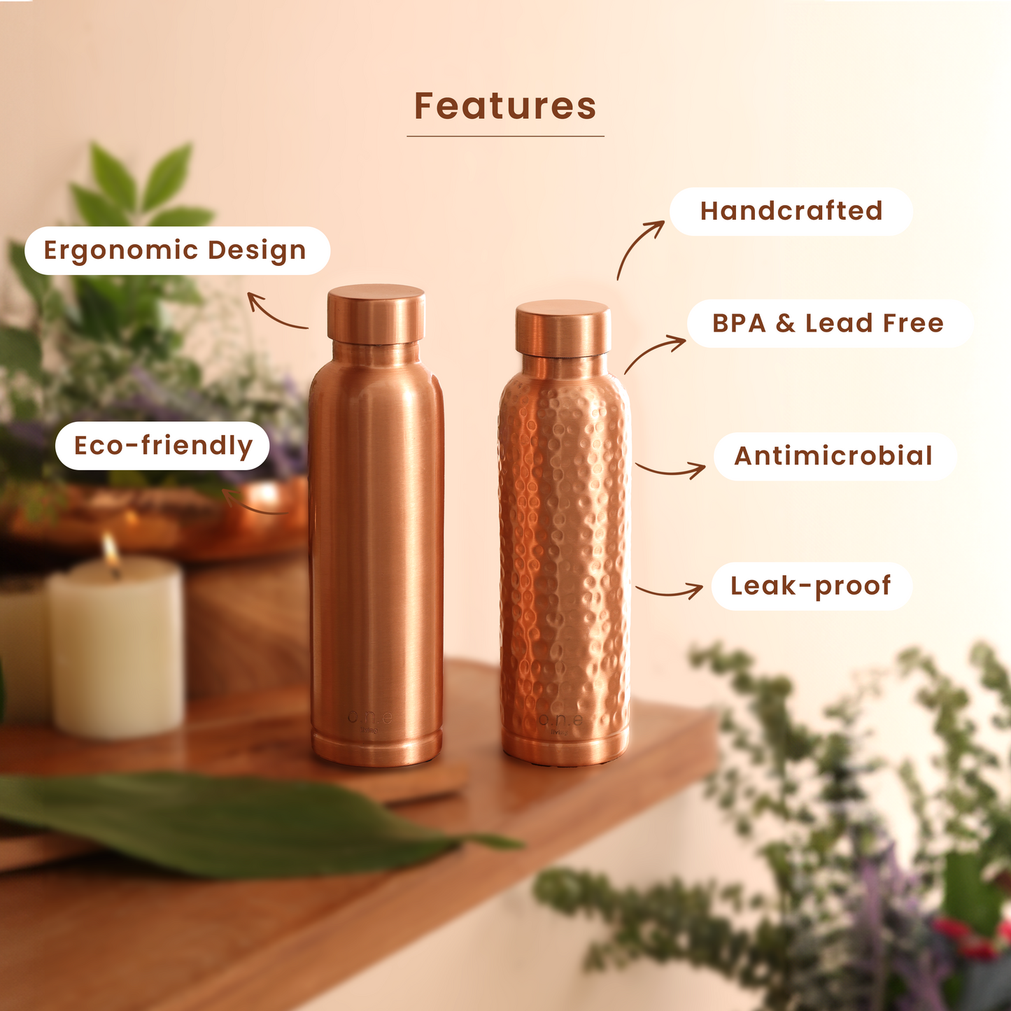 Copper Water Bottle | Plain & Hammered | 1 L | Set of 2