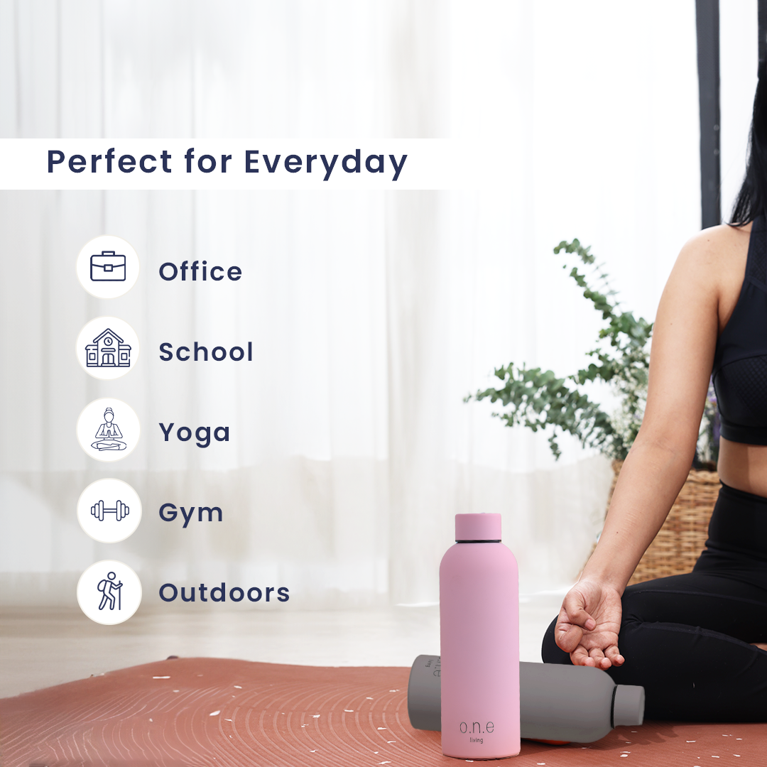 Insulated Steel Bottles for Yoga | Set of 2 | 500 ml | Grey & Light Pink