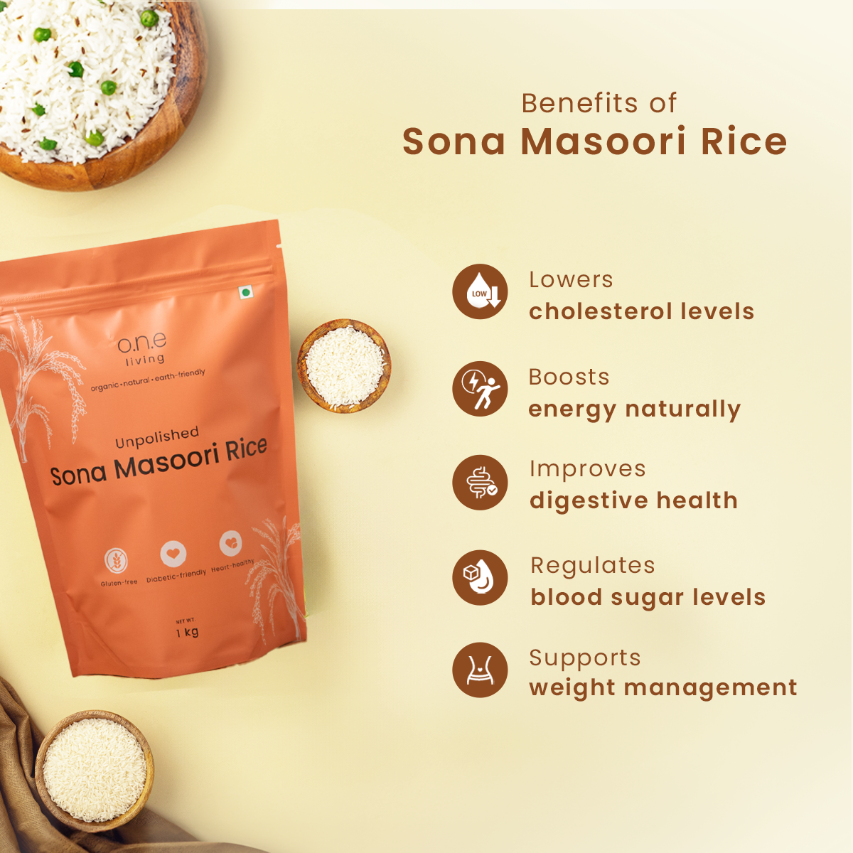 Sona Masoori Rice | 1 Kg | 12 months old | Diabetic-friendly | Pack of 2