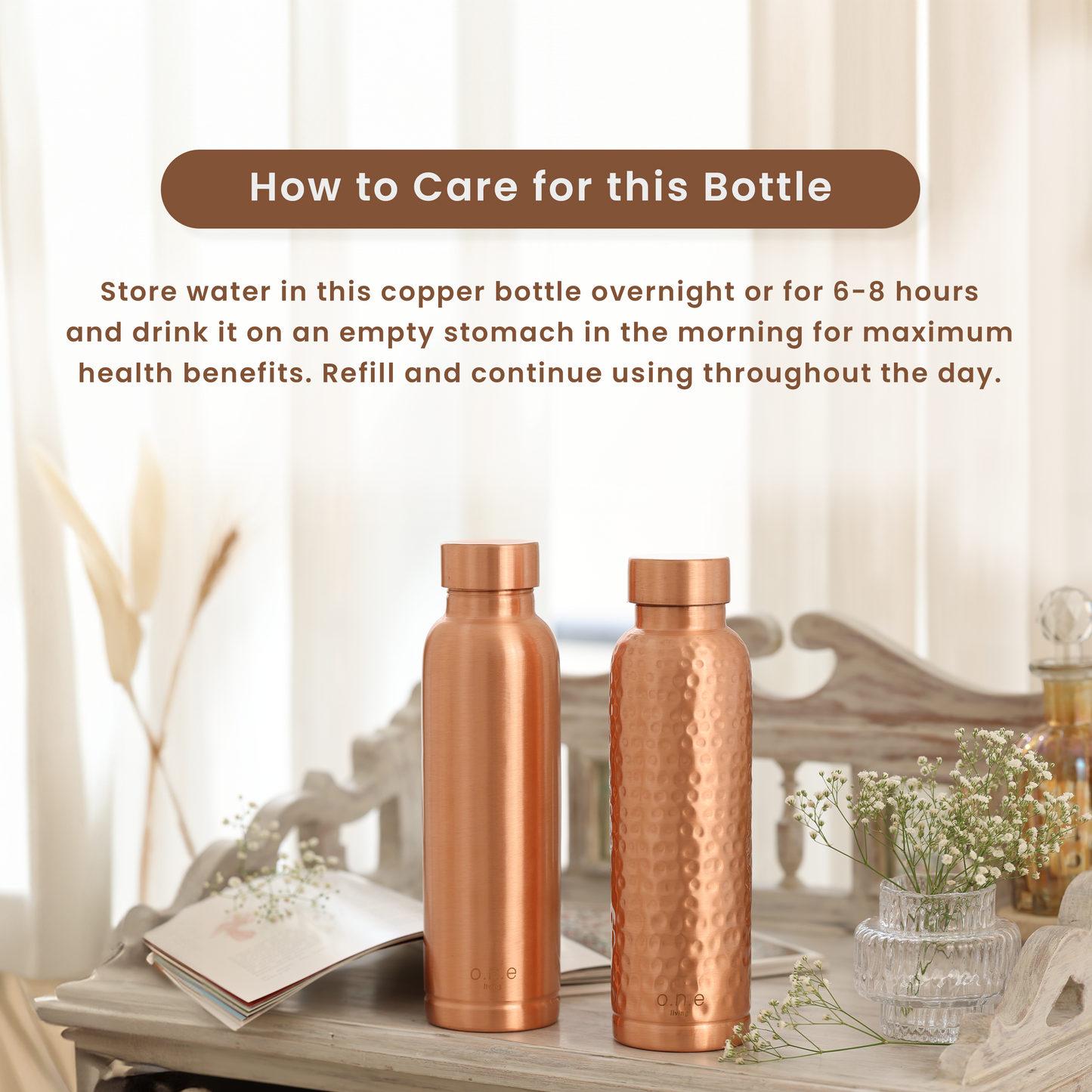 Copper Water Bottles | Set of 2 | 1 L | Hammered