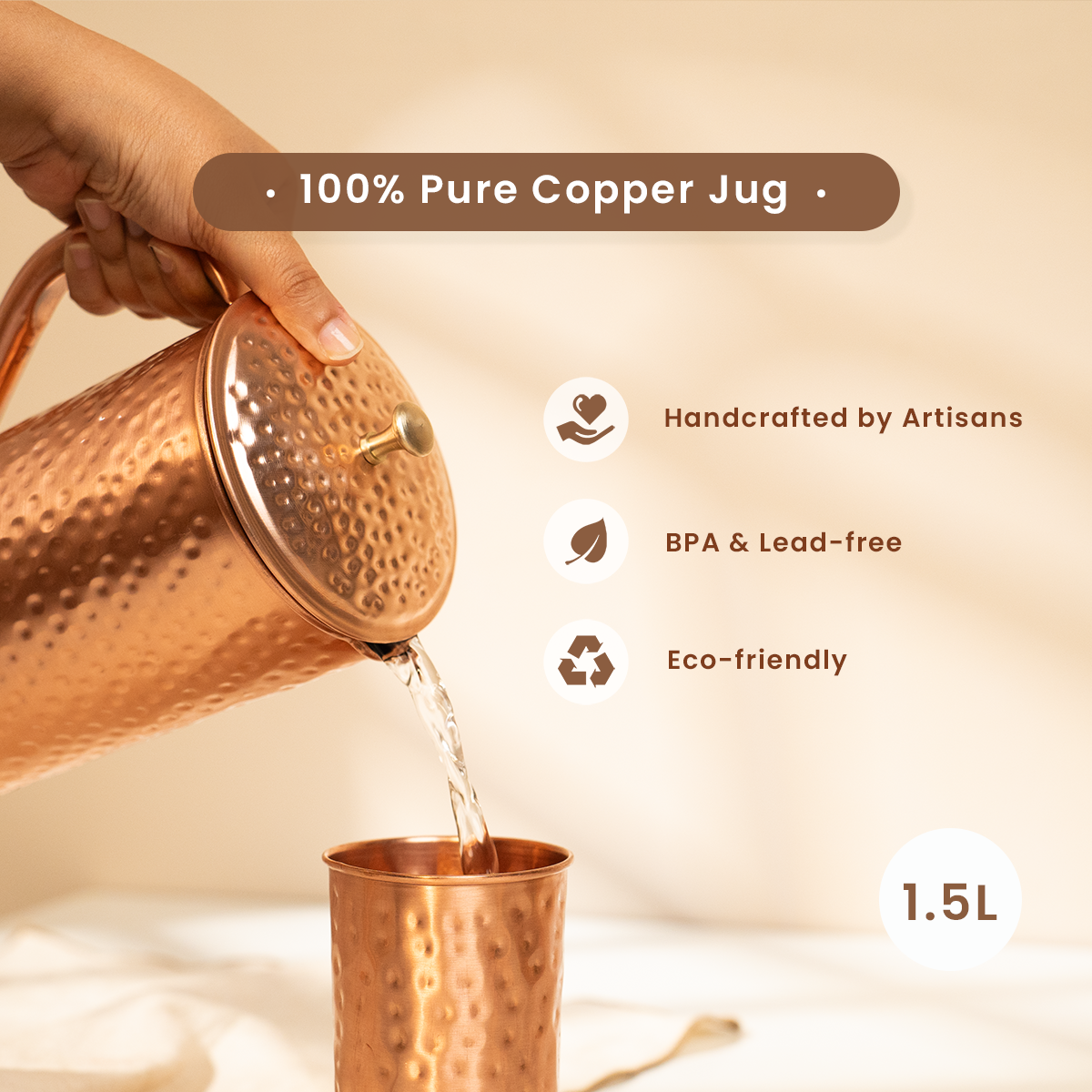 Pure Copper Jug with Lid | Hammered | Improves Digestion | 15 L