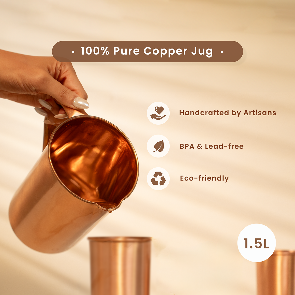 Pure Copper Jug with Lid | 1.5 L | Plain | Boosts Immunity