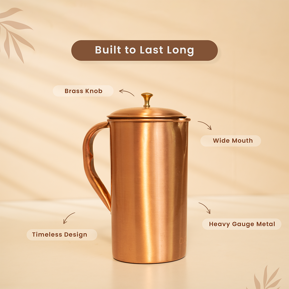 Pure Copper Jug with Lid | 1.5 L | Plain | Boosts Immunity