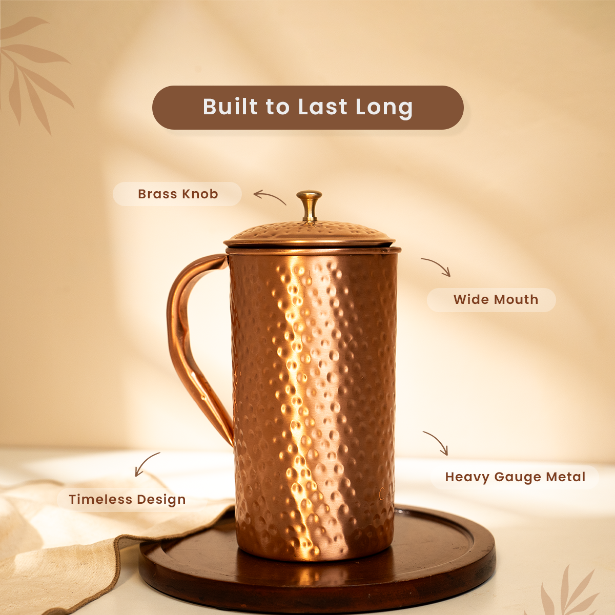Pure Copper Jug with Lid | Hammered | Improves Digestion | 15 L
