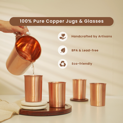 Pure Copper Jug & Set of 4 Glasses | Plain