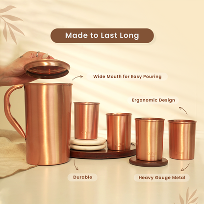 Pure Copper Jug & Set of 4 Glasses | Plain
