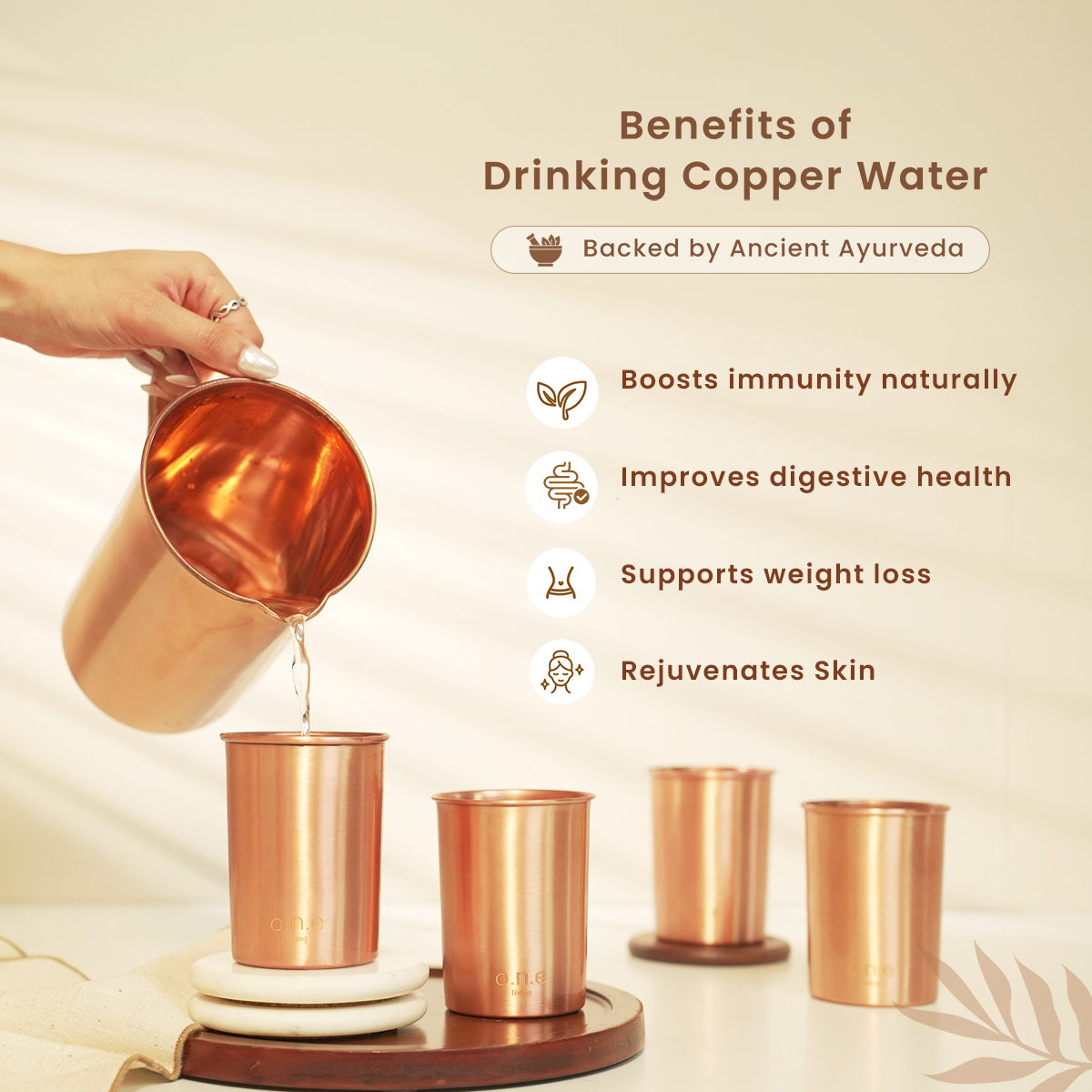 Pure Copper Jug & Set of 4 Glasses | Plain