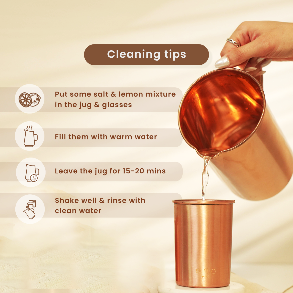 Pure Copper Jug & Set of 4 Glasses | Plain