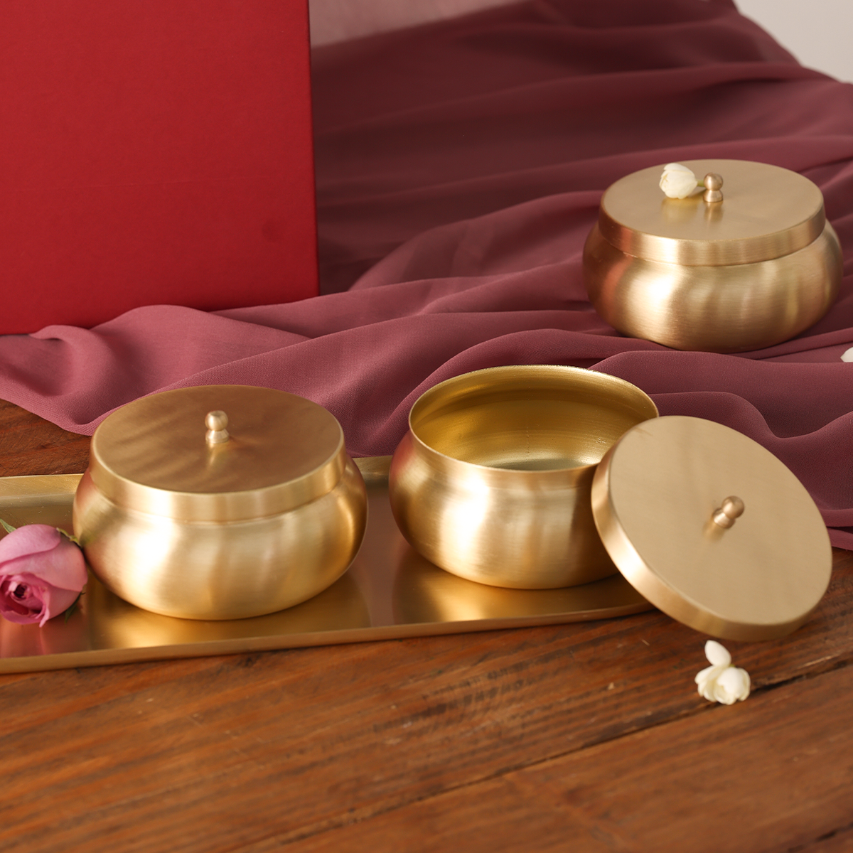 Brass Nut Bowls & Tray with  Roasted Dry Fruits Pack Of 3 | Combo | Wedding Gift Set