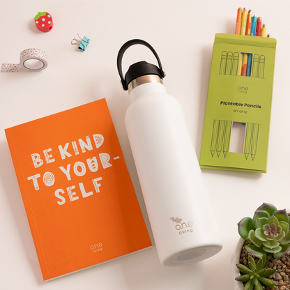 Orange Softbound Diary with Plantable Pencils & White Sports Bottle