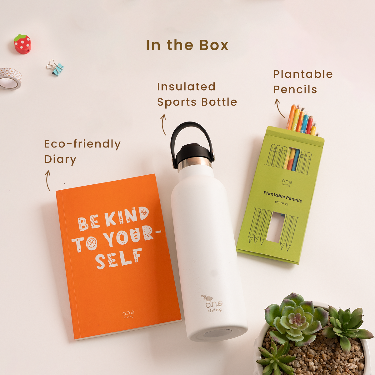 Orange Softbound Diary with Plantable Pencils & White Sports Bottle