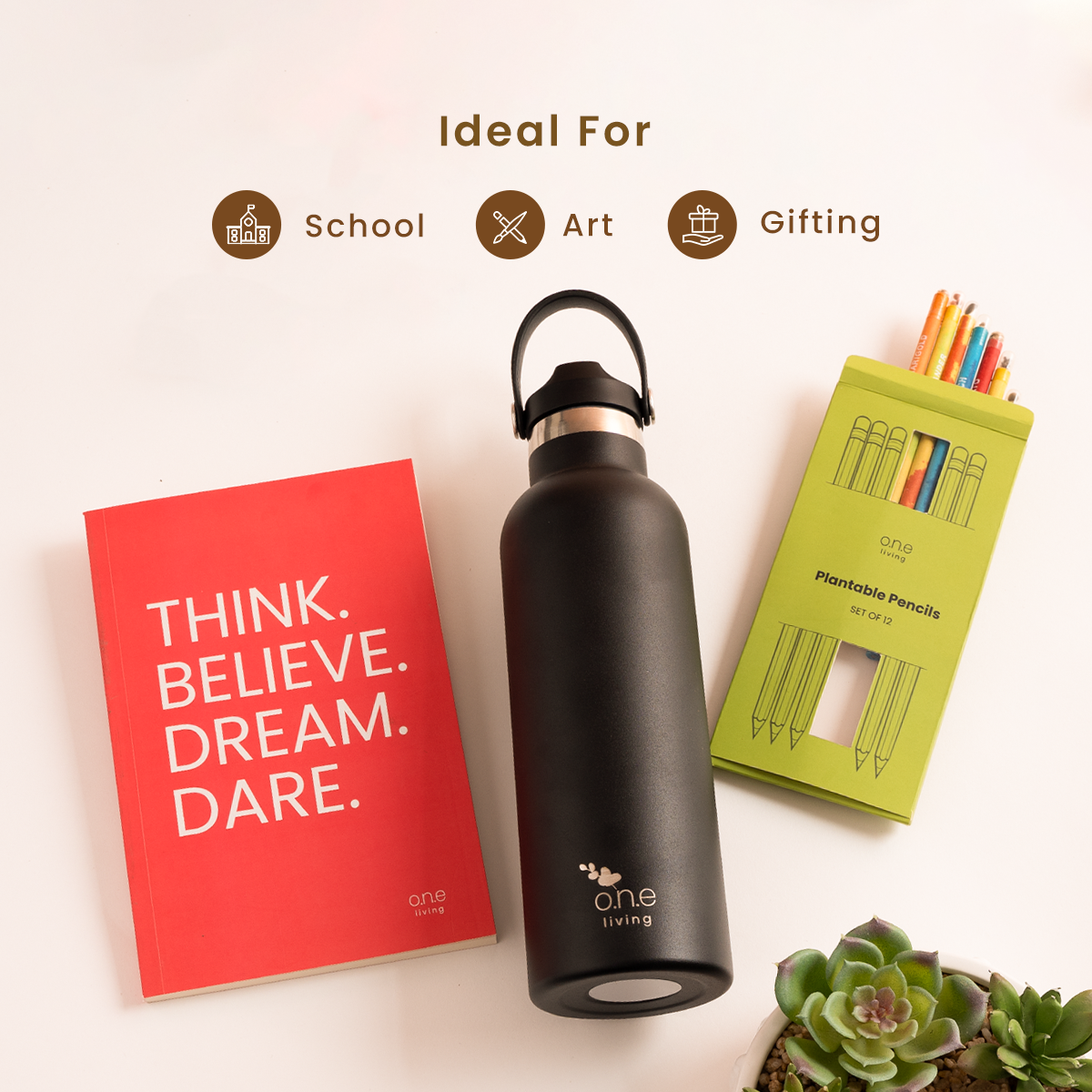 Red Softbound Diary with Plantable Pencils & Black Sports Bottle