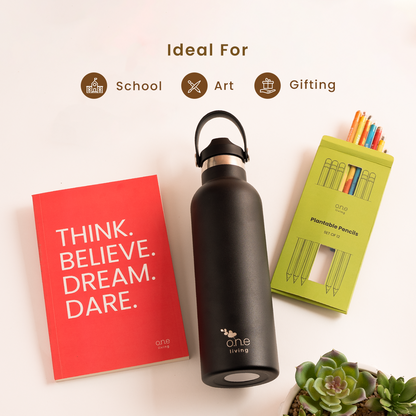 Red Softbound Diary with Plantable Pencils & Black Sports Bottle