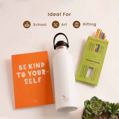 Orange Softbound Diary with Plantable Pencils & White Sports Bottle